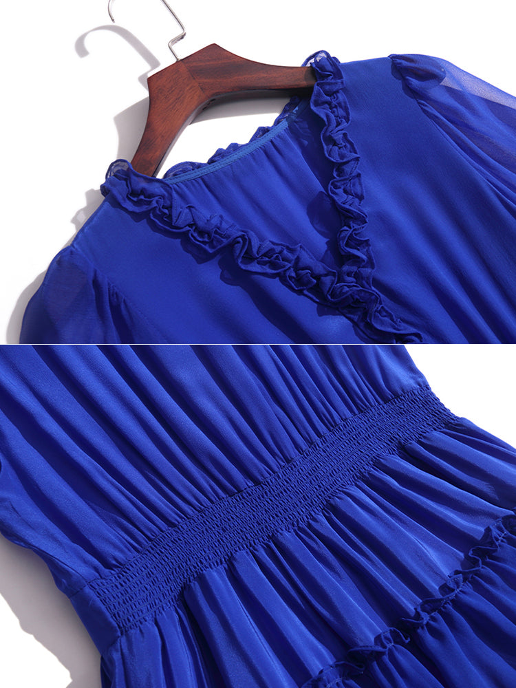 Ladies Blue V-Neck High Waist Half Sleeve Silk Dress SD011