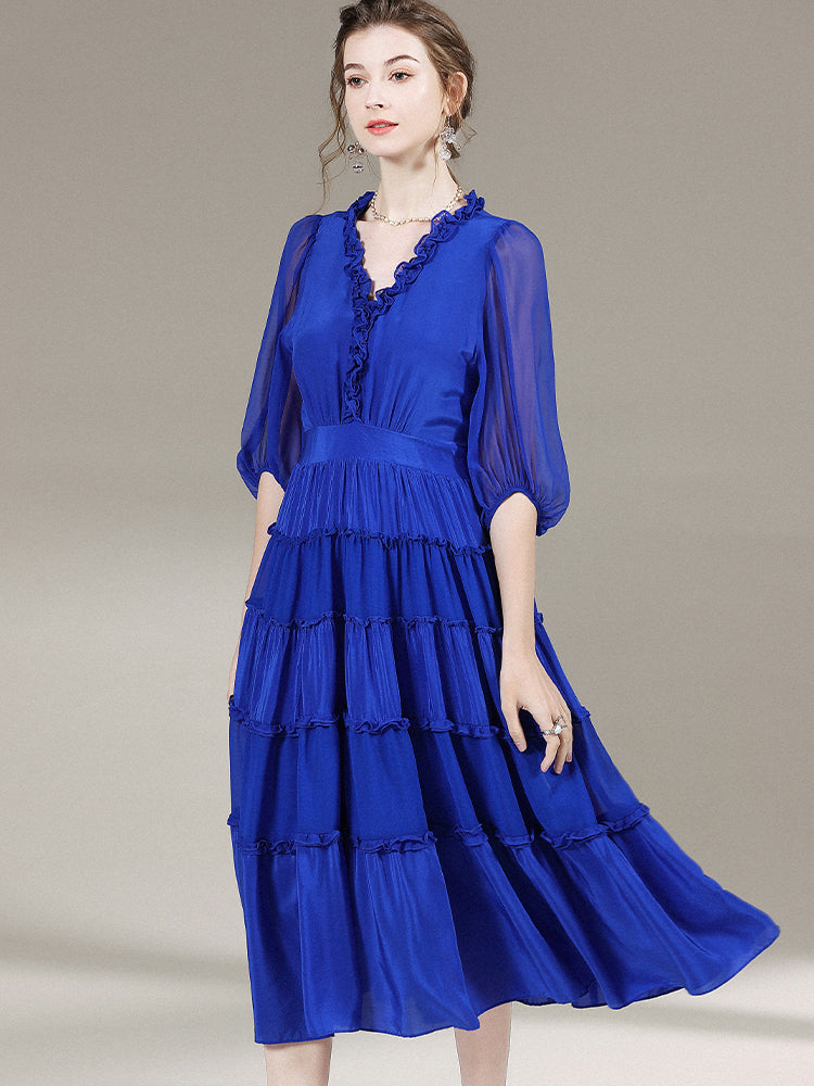 Ladies Blue V-Neck High Waist Half Sleeve Silk Dress SD011