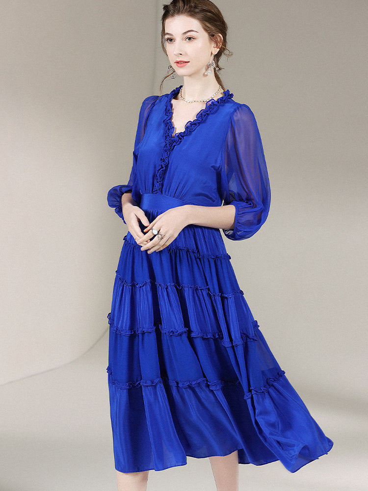 Ladies Blue V-Neck High Waist Half Sleeve Silk Dress SD011