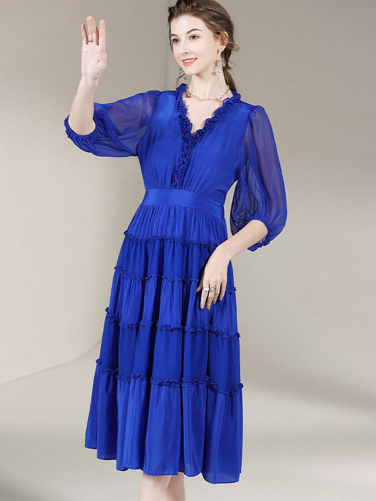 Ladies Blue V-Neck High Waist Half Sleeve Silk Dress SD011