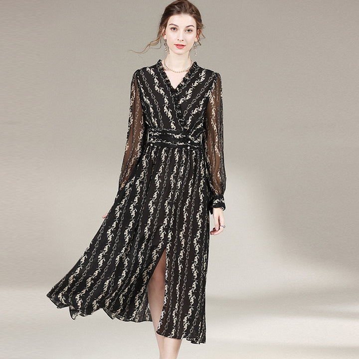 Black Printed Long Silk Dress SD012