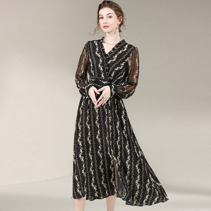 Black Printed Long Silk Dress SD012