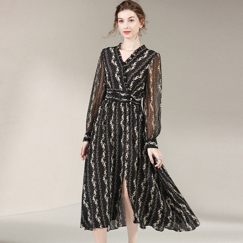 Black Printed Long Silk Dress SD012