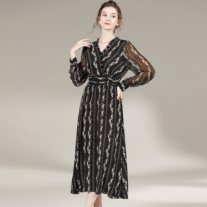 Black Printed Long Silk Dress SD012