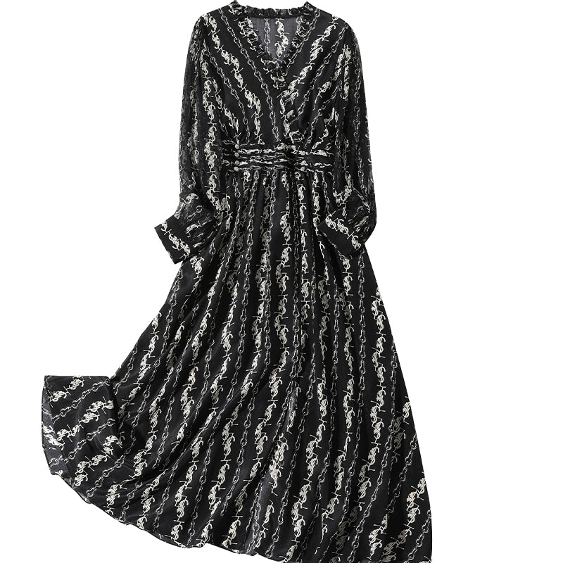 Black Printed Long Silk Dress SD012