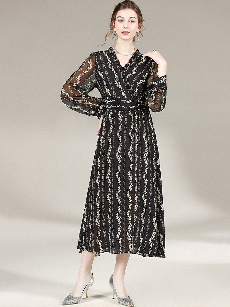 Black Printed Long Silk Dress SD012