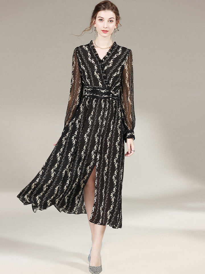 Black Printed Long Silk Dress SD012