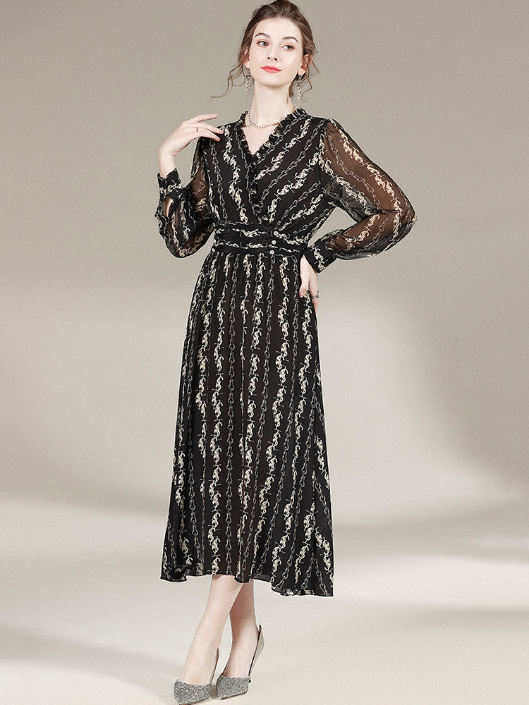 Black Printed Long Silk Dress SD012