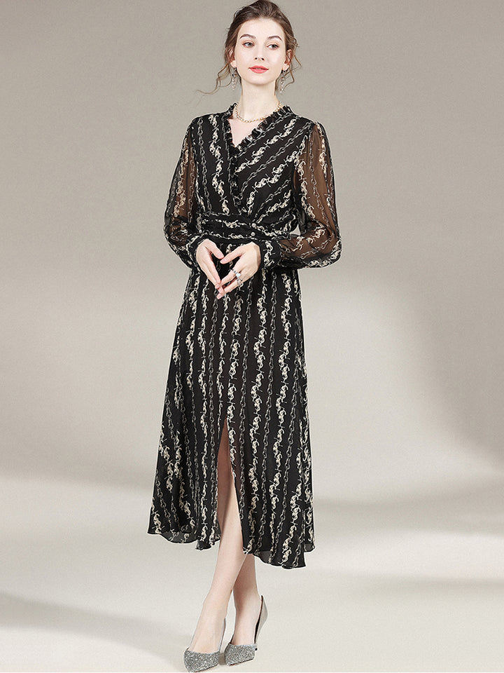 Black Printed Long Silk Dress SD012