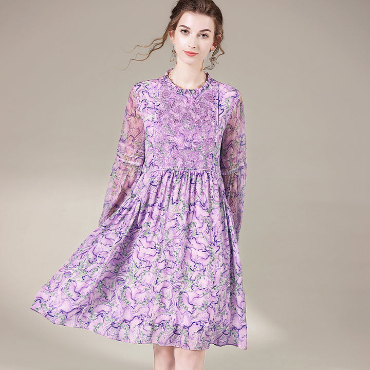 Lilac Floral Embroid Long Sleeve Silk Dress SD013