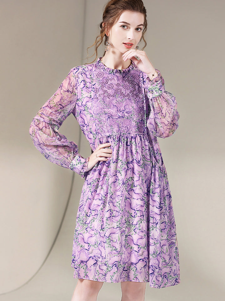 Lilac Floral Embroid Long Sleeve Silk Dress SD013