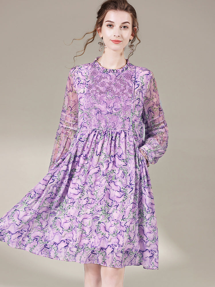 Lilac Floral Embroid Long Sleeve Silk Dress SD013