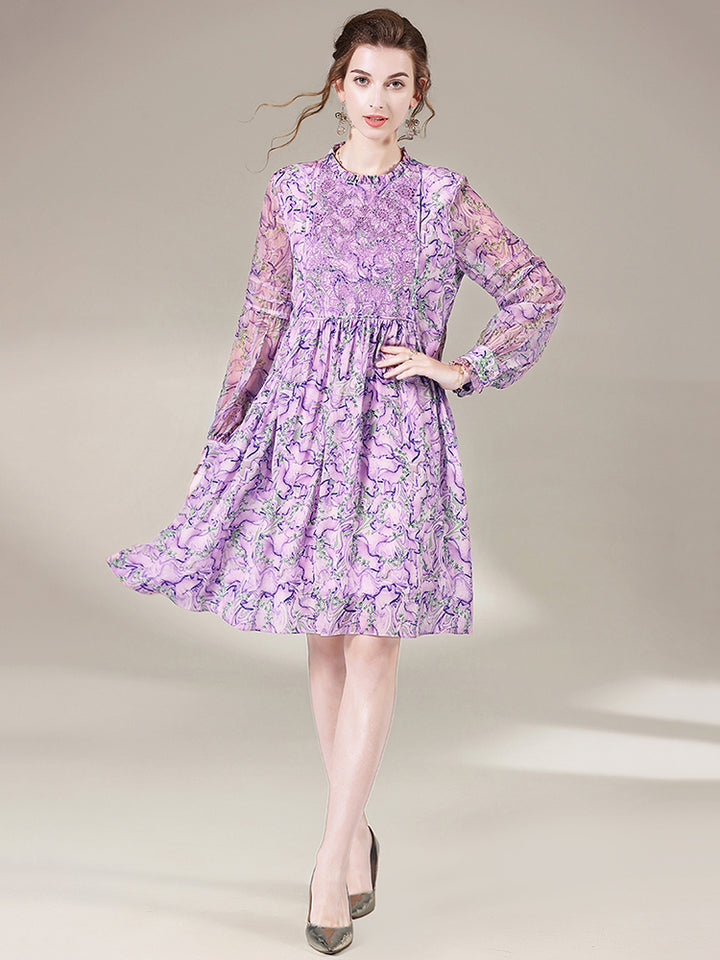 Lilac Floral Embroid Long Sleeve Silk Dress SD013