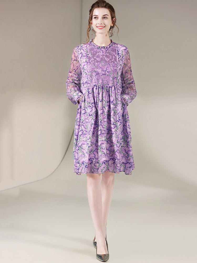 Lilac Floral Embroid Long Sleeve Silk Dress SD013