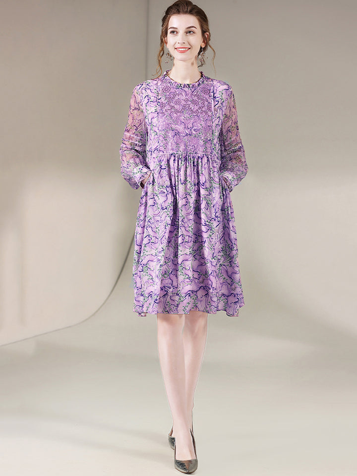 Lilac Floral Embroid Long Sleeve Silk Dress SD013