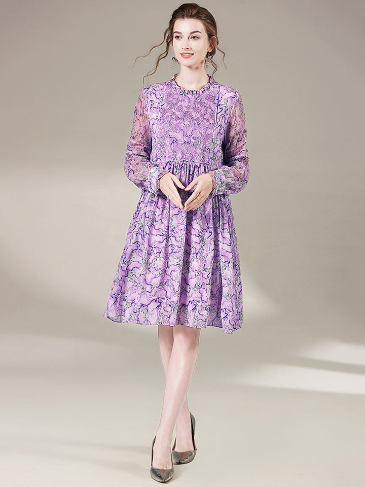 Lilac Floral Embroid Long Sleeve Silk Dress SD013