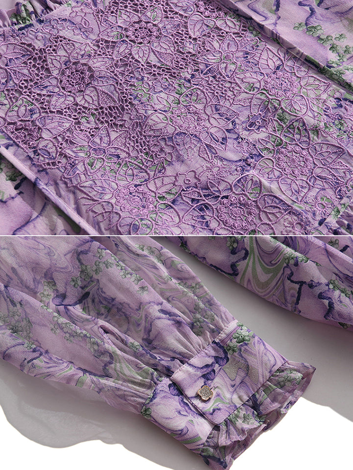 Lilac Floral Embroid Long Sleeve Silk Dress SD013