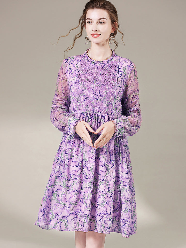 Lilac Floral Embroid Long Sleeve Silk Dress SD013