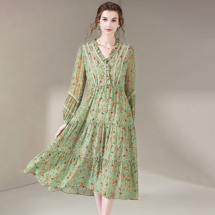 Sage Green Sweet V-Neck Long Sleeve Silk Dress SD014