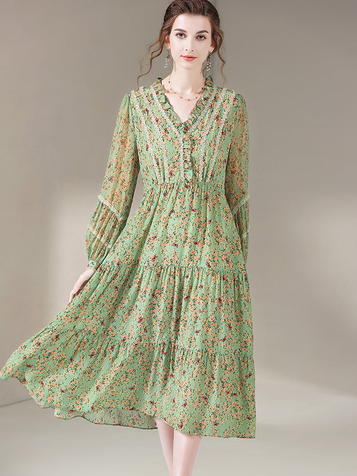 Sage Green Sweet V-Neck Long Sleeve Silk Dress SD014