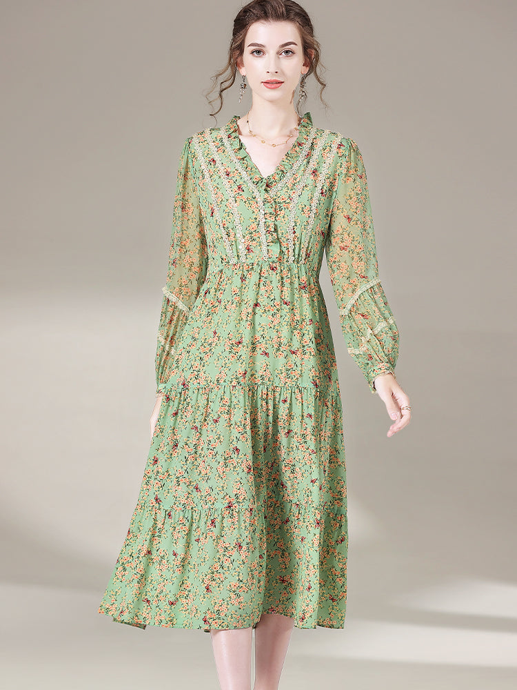 Sage Green Sweet V-Neck Long Sleeve Silk Dress SD014