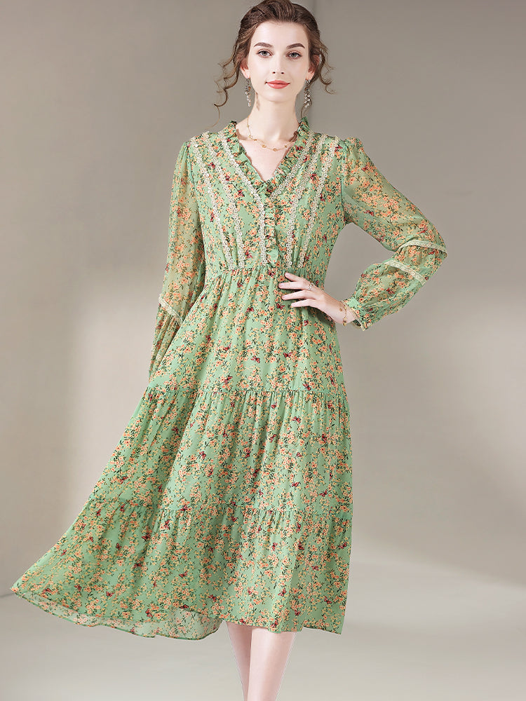 Sage Green Sweet V-Neck Long Sleeve Silk Dress SD014