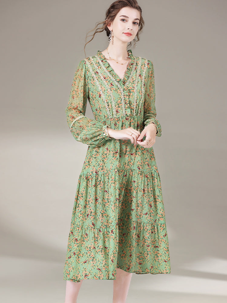 Sage Green Sweet V-Neck Long Sleeve Silk Dress SD014