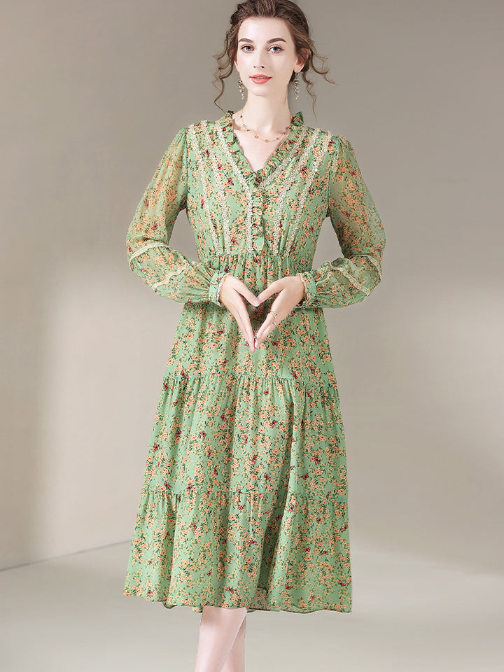 Sage Green Sweet V-Neck Long Sleeve Silk Dress SD014