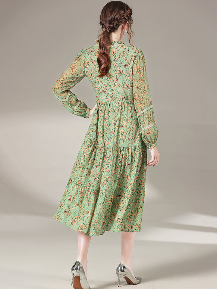 Sage Green Sweet V-Neck Long Sleeve Silk Dress SD014