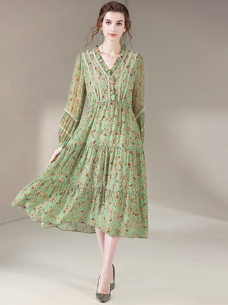 Sage Green Sweet V-Neck Long Sleeve Silk Dress SD014