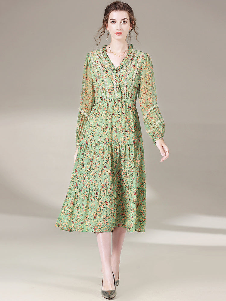 Sage Green Sweet V-Neck Long Sleeve Silk Dress SD014