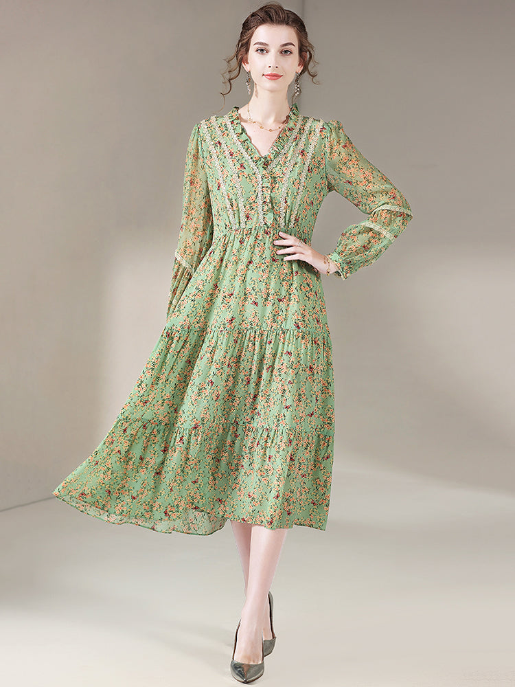 Sage Green Sweet V-Neck Long Sleeve Silk Dress SD014