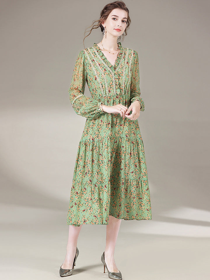 Sage Green Sweet V-Neck Long Sleeve Silk Dress SD014