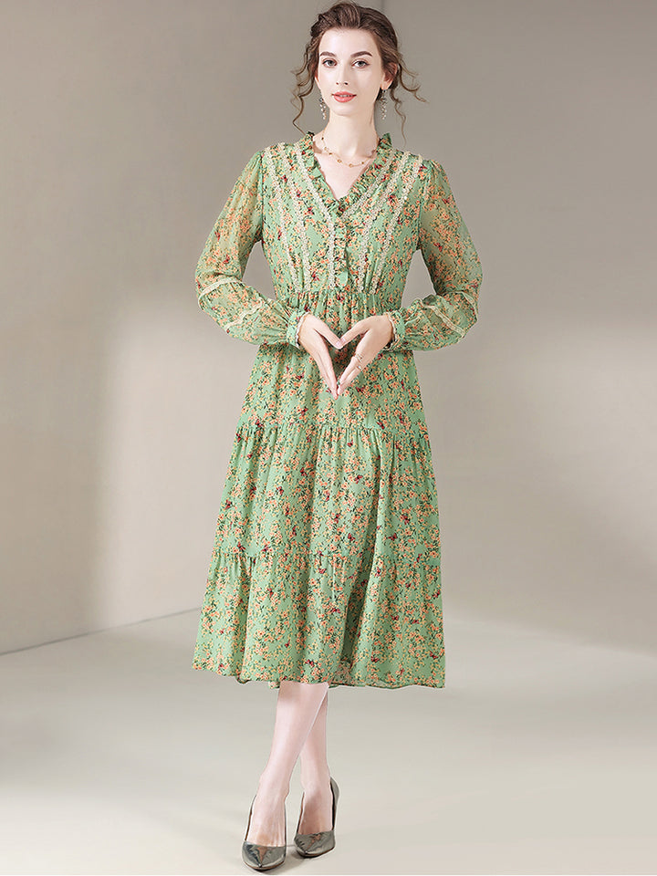 Sage Green Sweet V-Neck Long Sleeve Silk Dress SD014