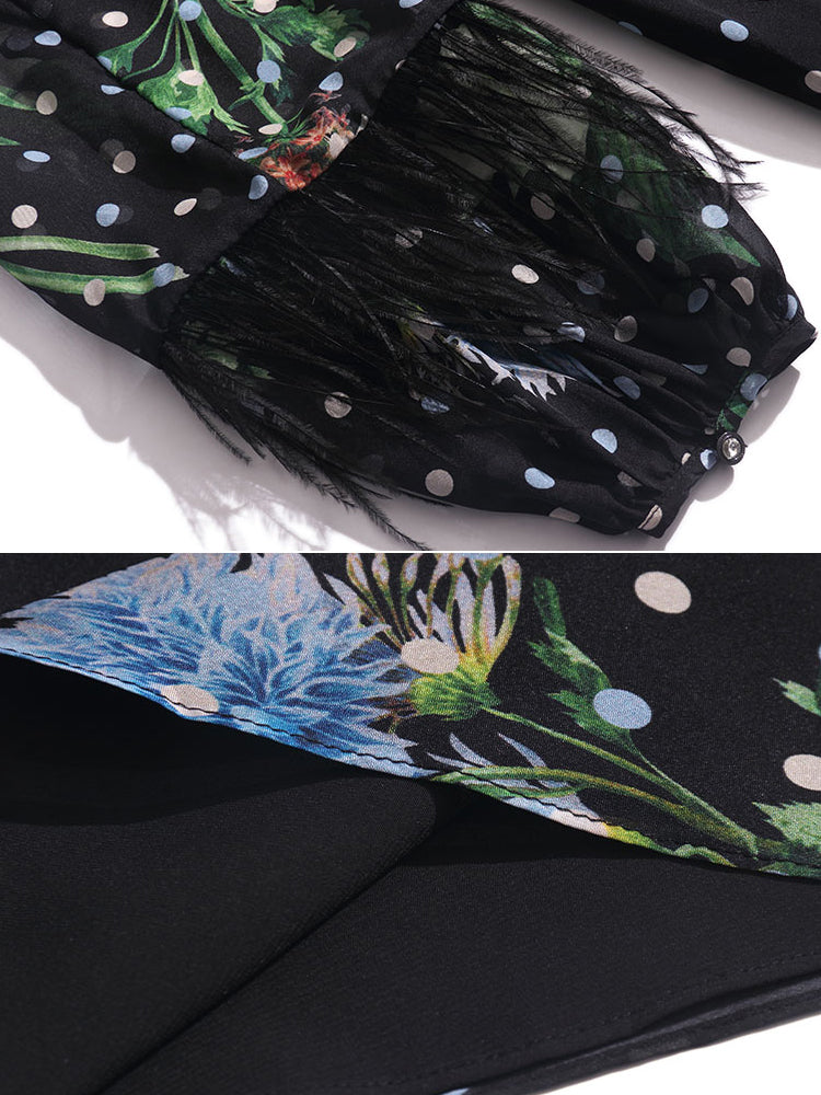 Polka Dot Flowers Printed Black Long Silk Dress With Feathers SD015