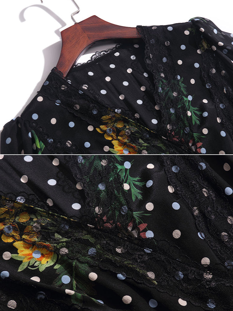 Polka Dot Flowers Printed Black Long Silk Dress With Feathers SD015