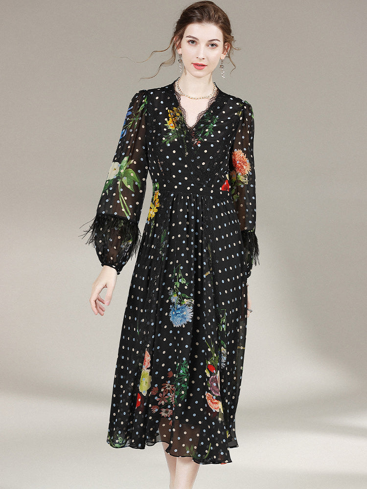 Polka Dot Flowers Printed Black Long Silk Dress With Feathers SD015