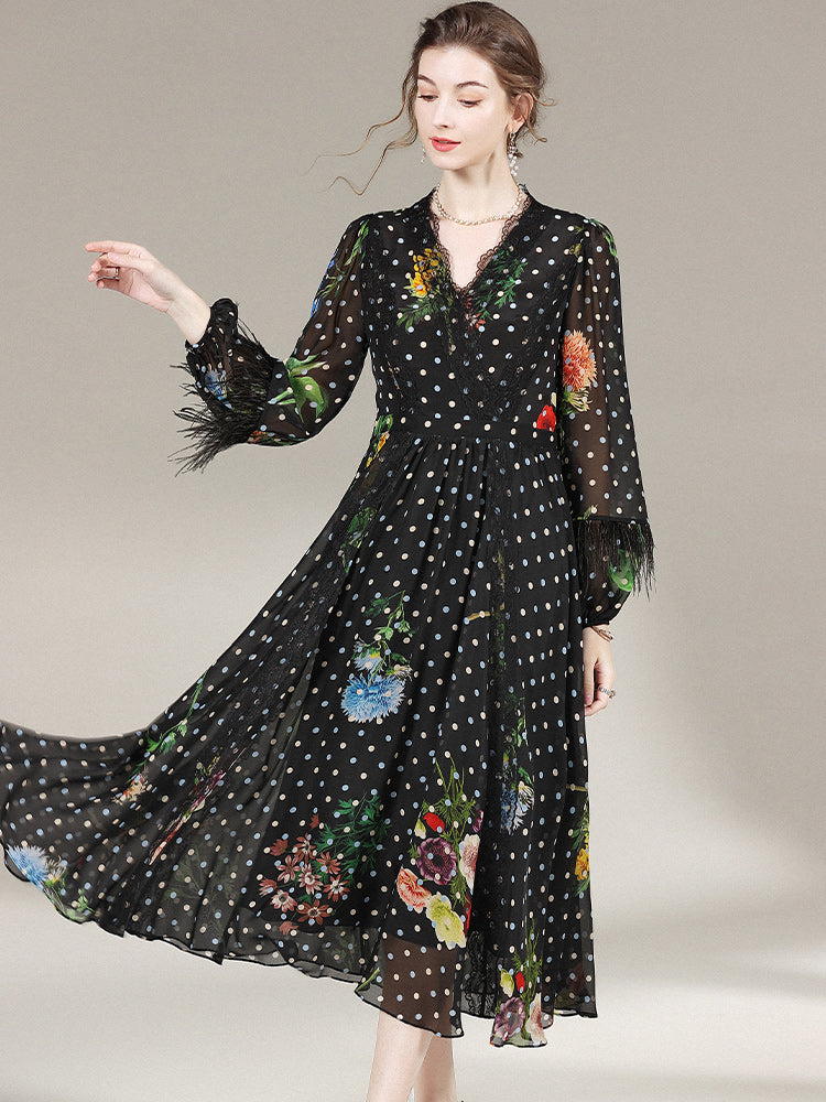 Polka Dot Flowers Printed Black Long Silk Dress With Feathers SD015