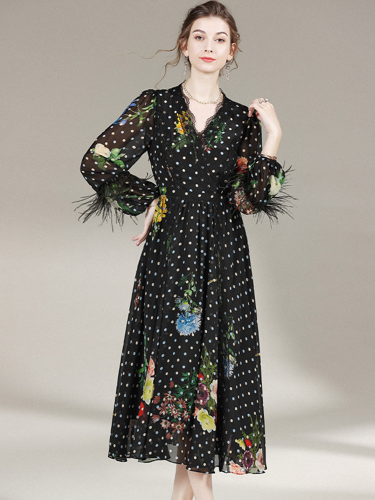 Polka Dot Flowers Printed Black Long Silk Dress With Feathers SD015