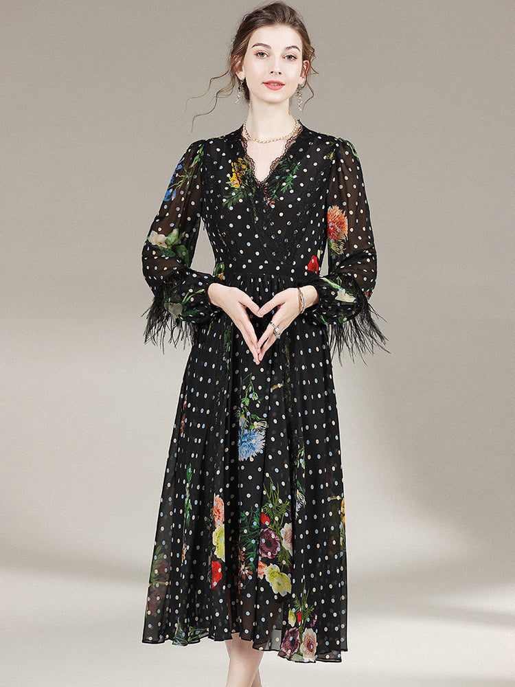 Polka Dot Flowers Printed Black Long Silk Dress With Feathers SD015