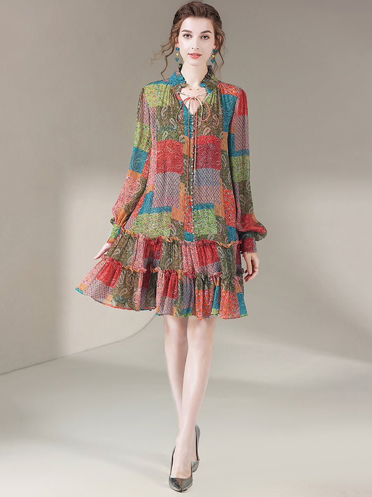 Womens Trendy Colorblock Floral Silk Dress SD016