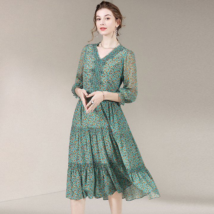 Womens V-Neck Retro Floral Printed Silk Dress SD017