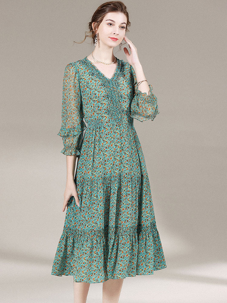 Womens V-Neck Retro Floral Printed Silk Dress SD017