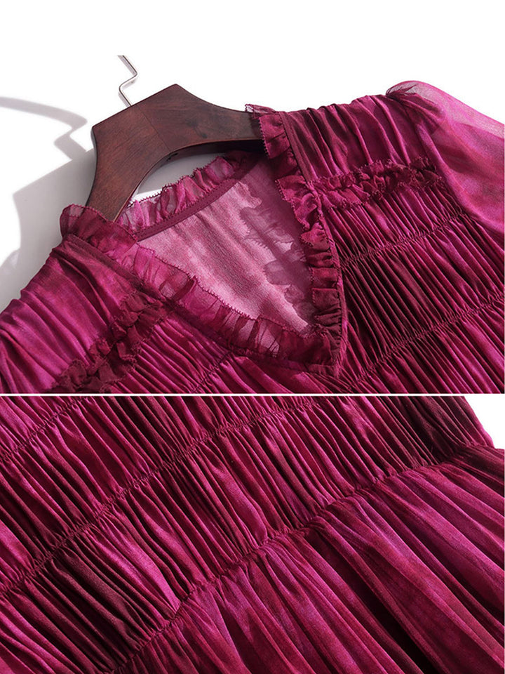 Womens Luxury Pleated V-Neck Long French Silk Dress SD018