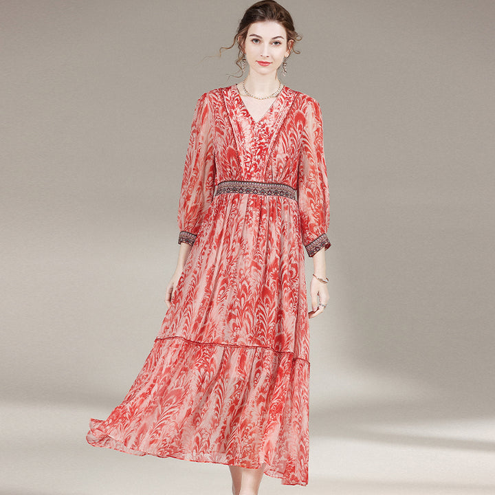 French Vintage Red Floral Print V-Neck Silk Dress SD019