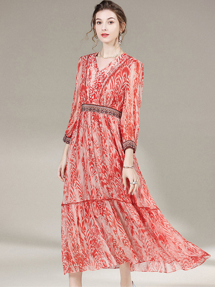 French Vintage Red Floral Print V-Neck Silk Dress SD019