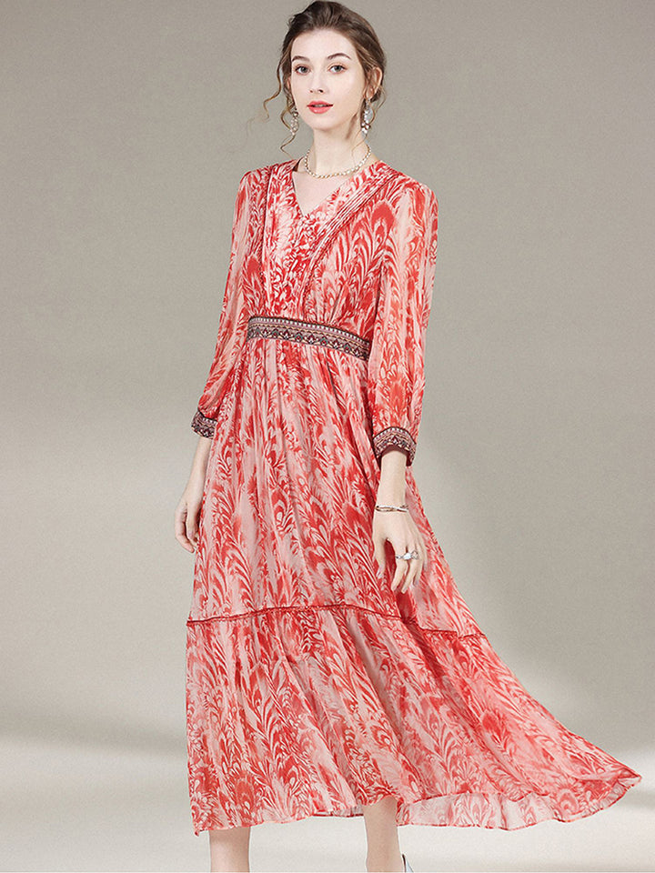 French Vintage Red Floral Print V-Neck Silk Dress SD019