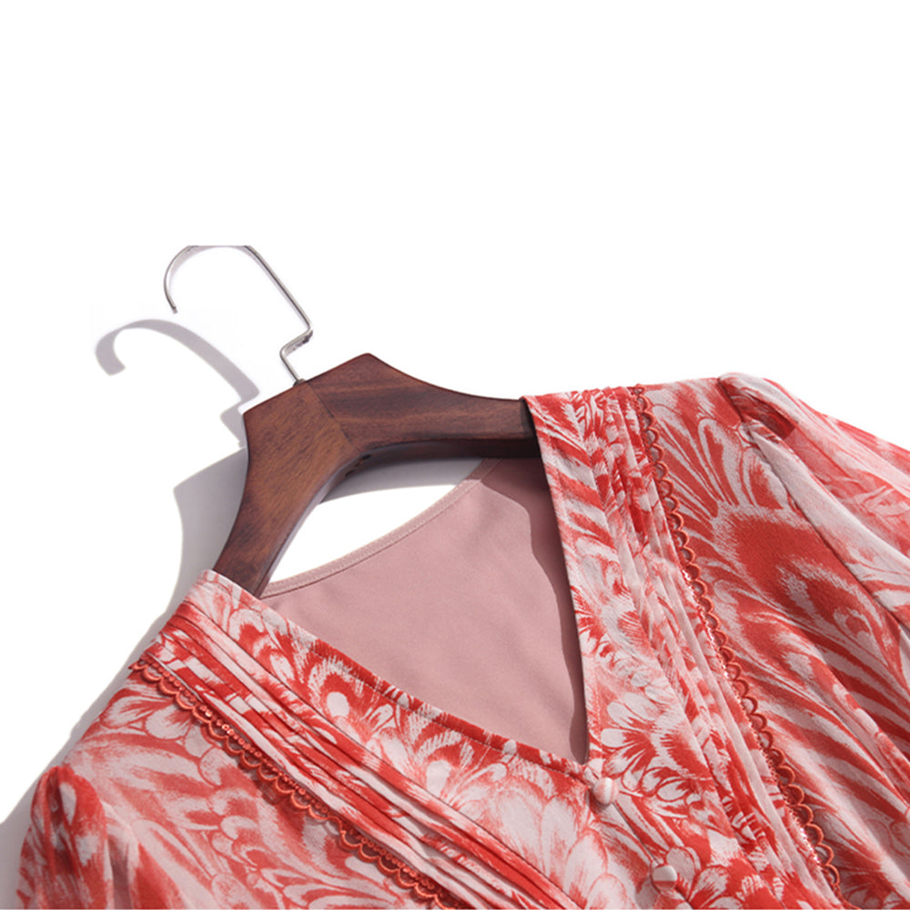 French Vintage Red Floral Print V-Neck Silk Dress SD019