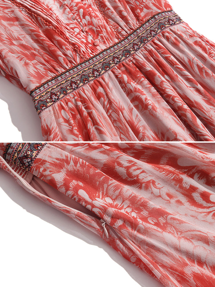 French Vintage Red Floral Print V-Neck Silk Dress SD019
