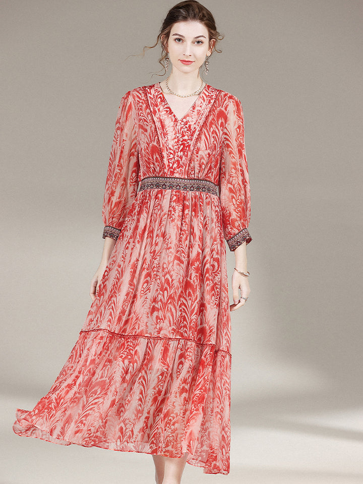 French Vintage Red Floral Print V-Neck Silk Dress SD019